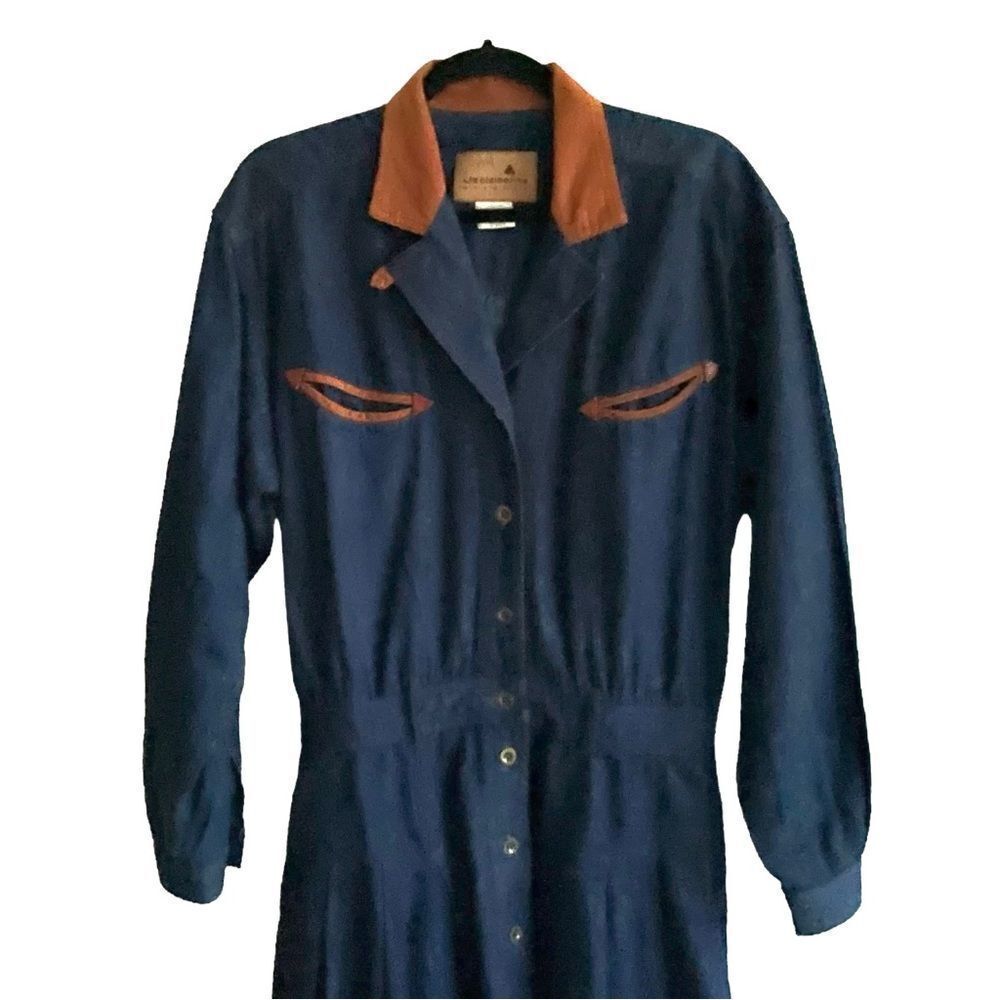 (SOLD) LIZ CLAIBORNE VINTAGE Western Denim Long Sleeve Midi Dress Blue Brown 8 - Picture 3 of 7